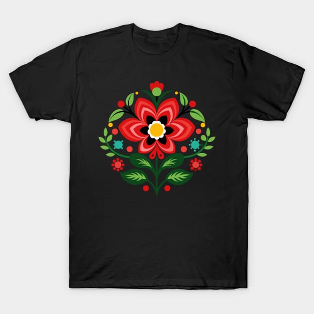 Norwegian Rosemaling Flower Folk Art Ornament T-Shirt by craftydesigns